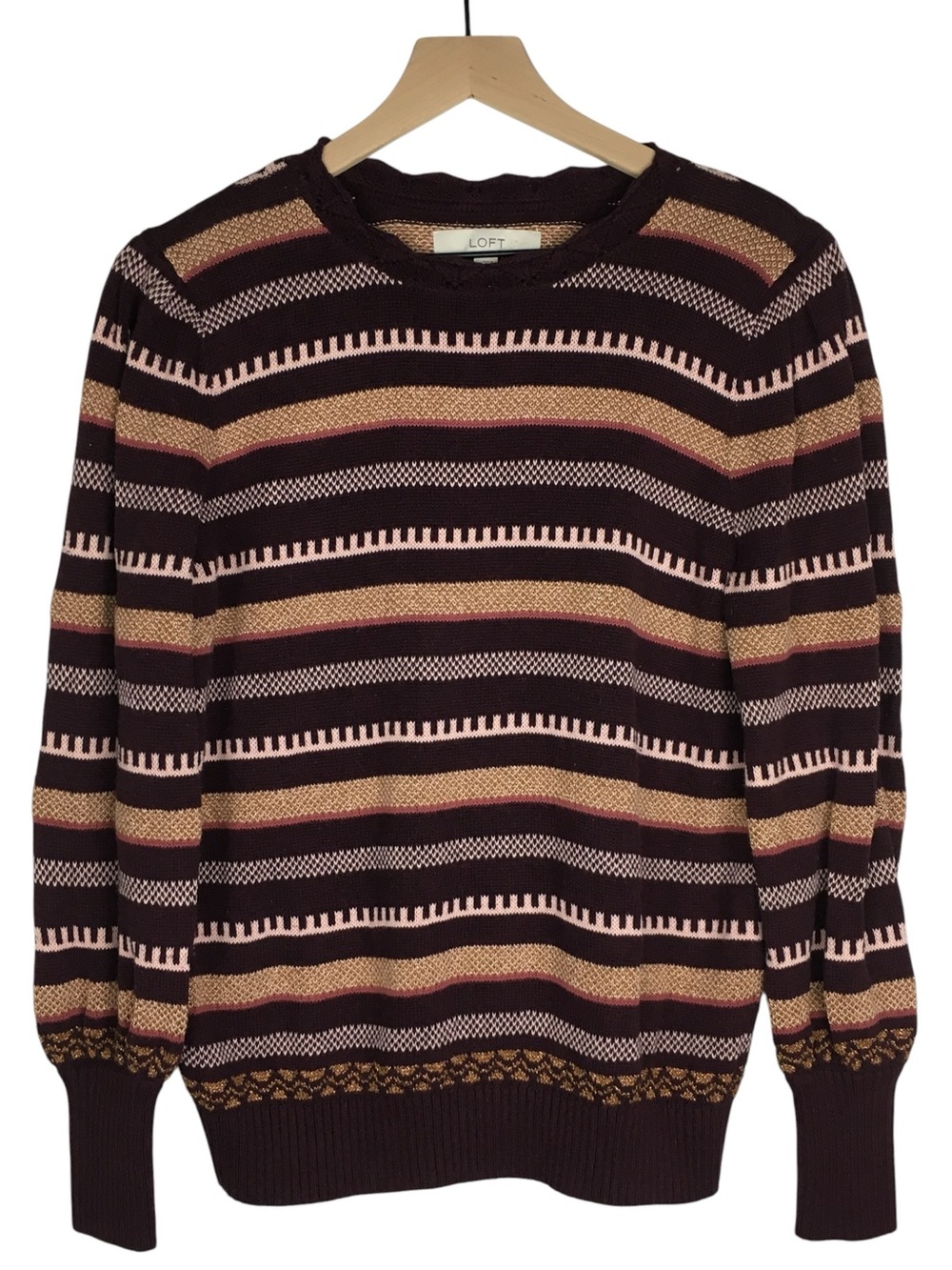 LOFT Sweater Stripe Scallop Neckline Burgundy Metallic Gold Fall Size Large